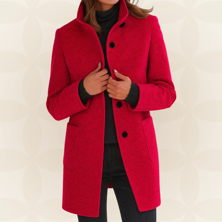 Women’s red wool coat with high collar, button front, and side pockets