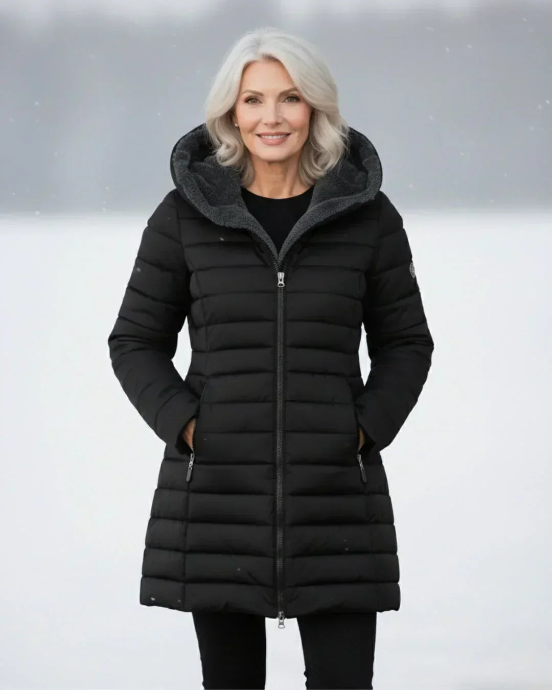 Black padded winter jacket with gray hood lining, front zipper, side pockets.