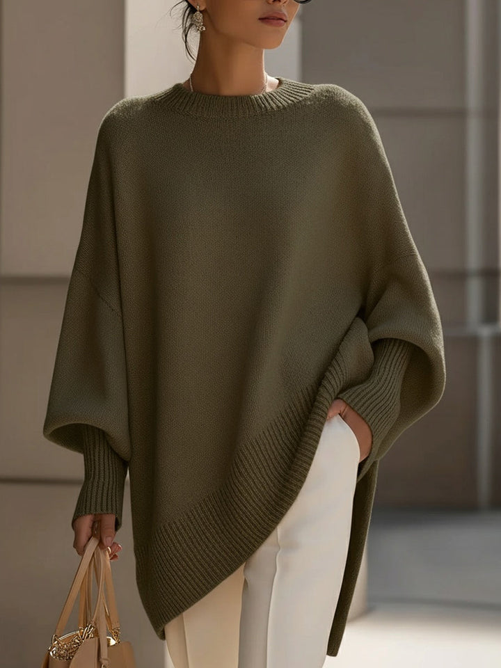 Wool-blend oversized jumper in olive green, crew neck with ribbed hem and wide sleeves