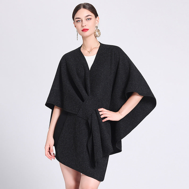 Black fleece cape shawl with V-neck and tied waist belt, loose drape