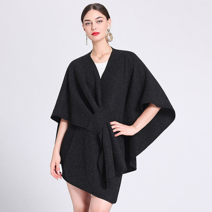 Black fleece cape shawl with V-neck and tied waist belt, loose drape