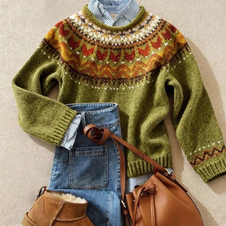 Green knit jumper with fair isle yoke and ribbed cuffs; crew neck sweater