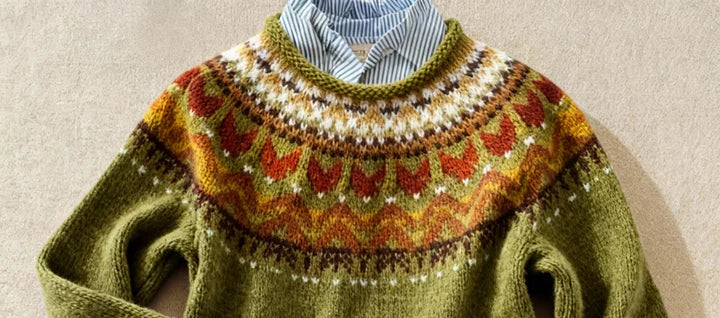 Green knit crew-neck jumper with multicolor patterned yoke and ribbed collar