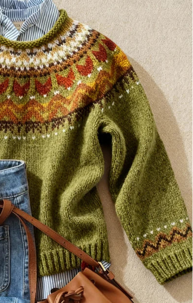 Green vintage knit jumper with patterned yoke; ribbed hem and long sleeves