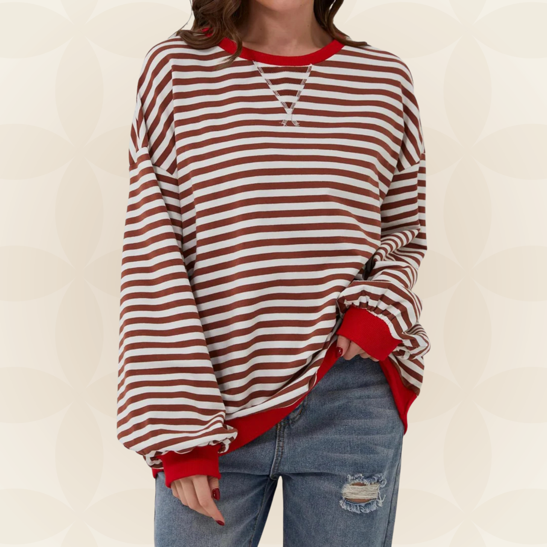 Jasmine™ striped sweater in brown and white stripes, V-neck, long sleeves, relaxed fit