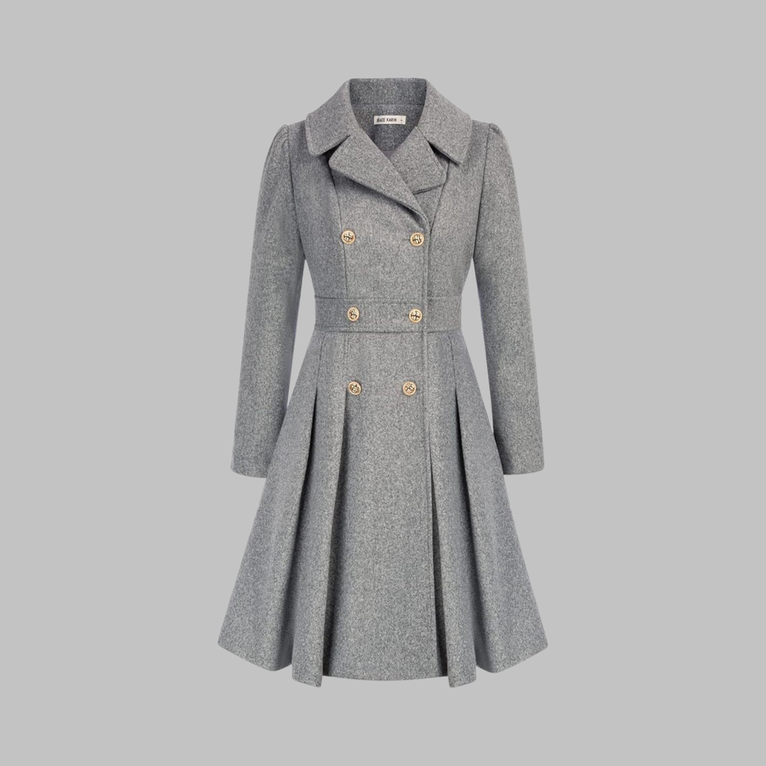 Heather gray fitted double-breasted coat with notched lapels, gold buttons, pleated skirt
