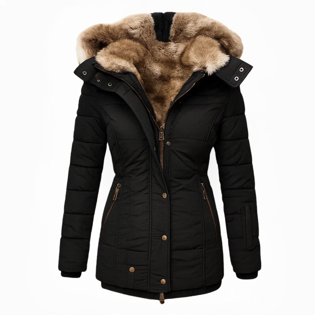 Black quilted winter coat with tan fur-lined hood and button front
