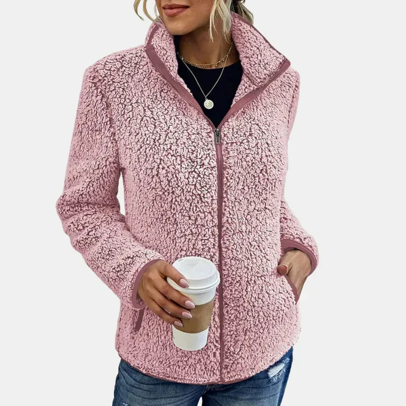 Pink teddy jacket with full zipper and stand collar, side pockets