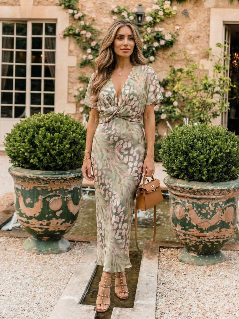 Stella &amp; Grace™ | Abstract Print V Neck Twist Waist Midi Dress