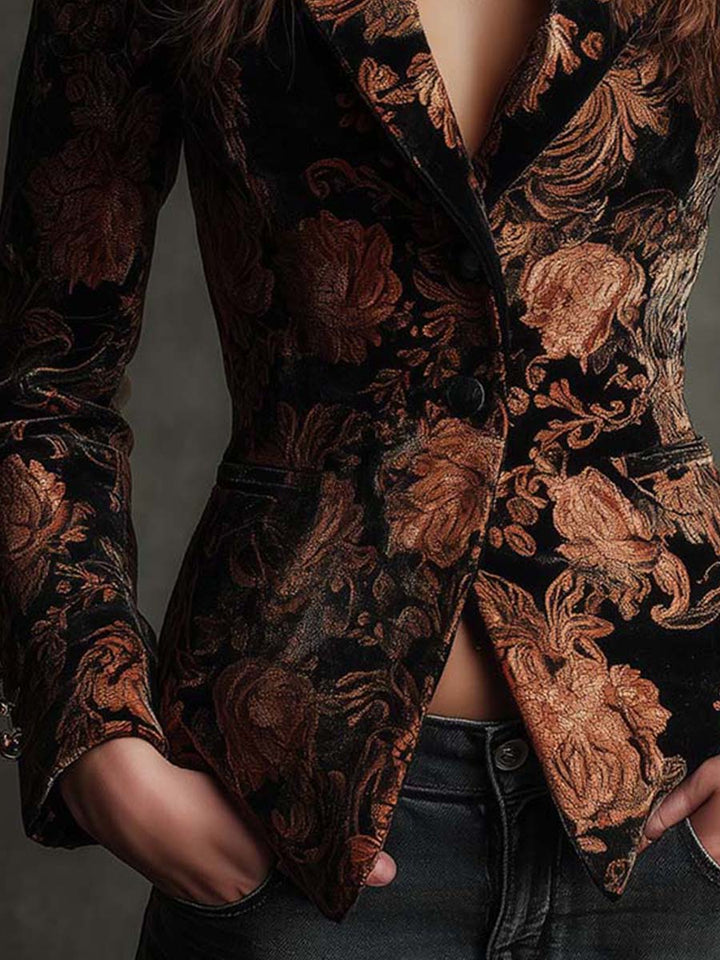 Velvet floral print blazer with single button, black base with bronze scroll-and-rose pattern