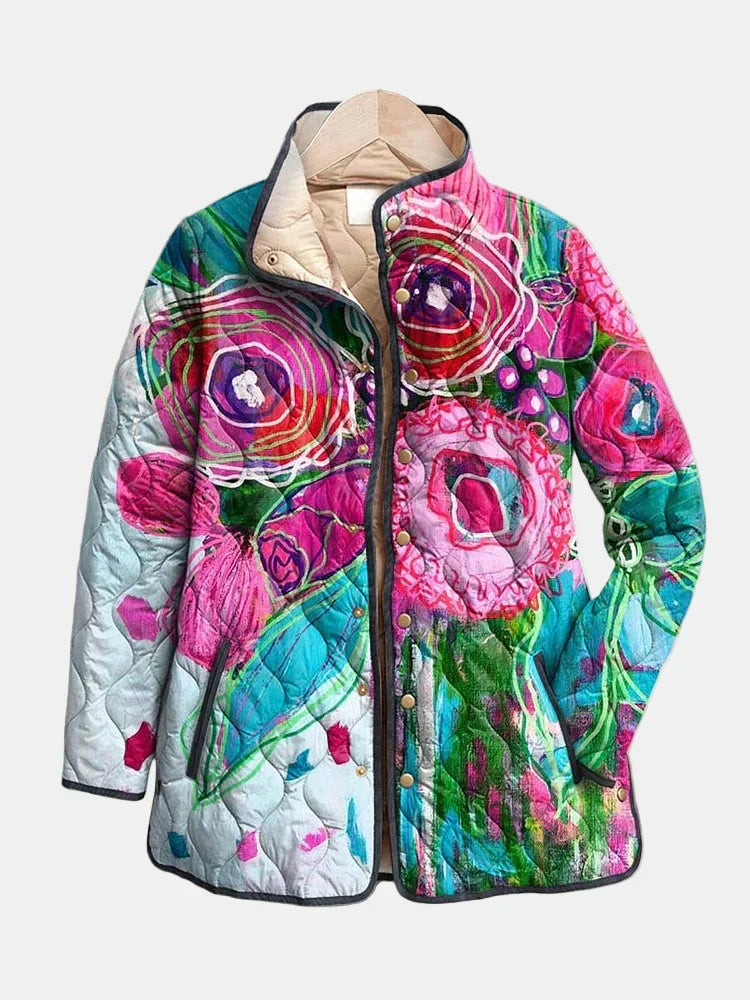 Multicolour floral patterned hooded jacket with front zipper and snap buttons