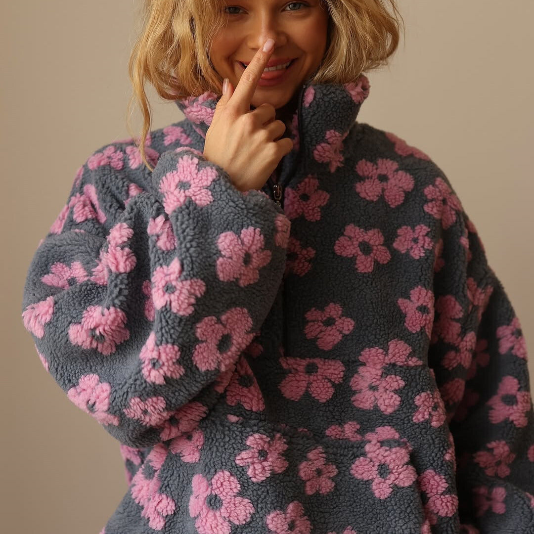Floral fleece half-zip pullover with hood, dark with light pink flower print