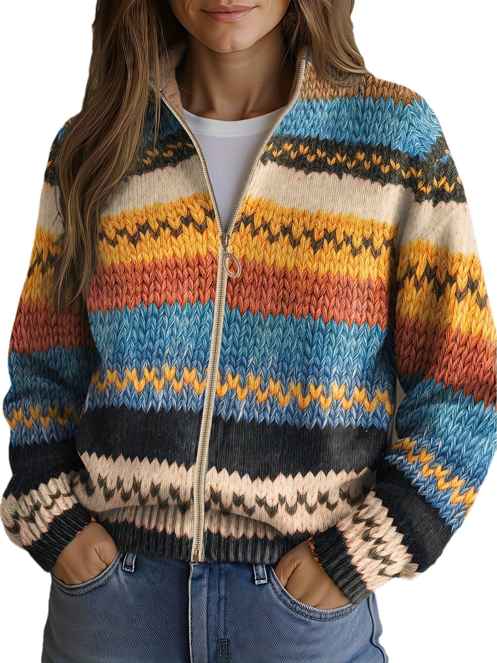 Multicolour striped knit zip cardigan with full front zip, ribbed hem and cuffs, long sleeves