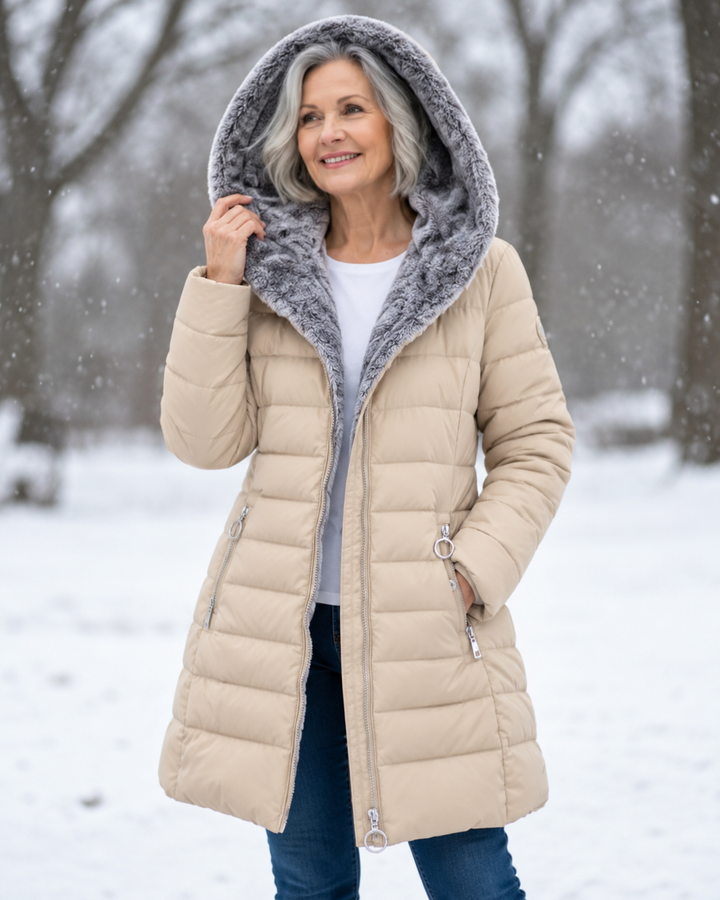 Women's winter coat with hood, apricot quilted puffer with gray faux-fur hood trim and zipper.