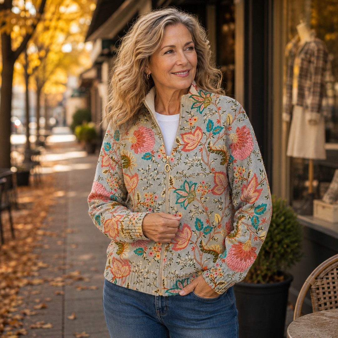Floral knit zip cardigan with high neckline, long sleeves, off-white multicolor print