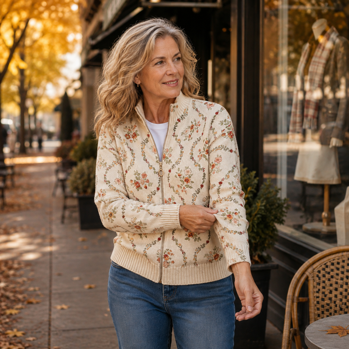 Clara™ floral zip cardigan, beige knit with multicolor blooms and ribbed cuffs