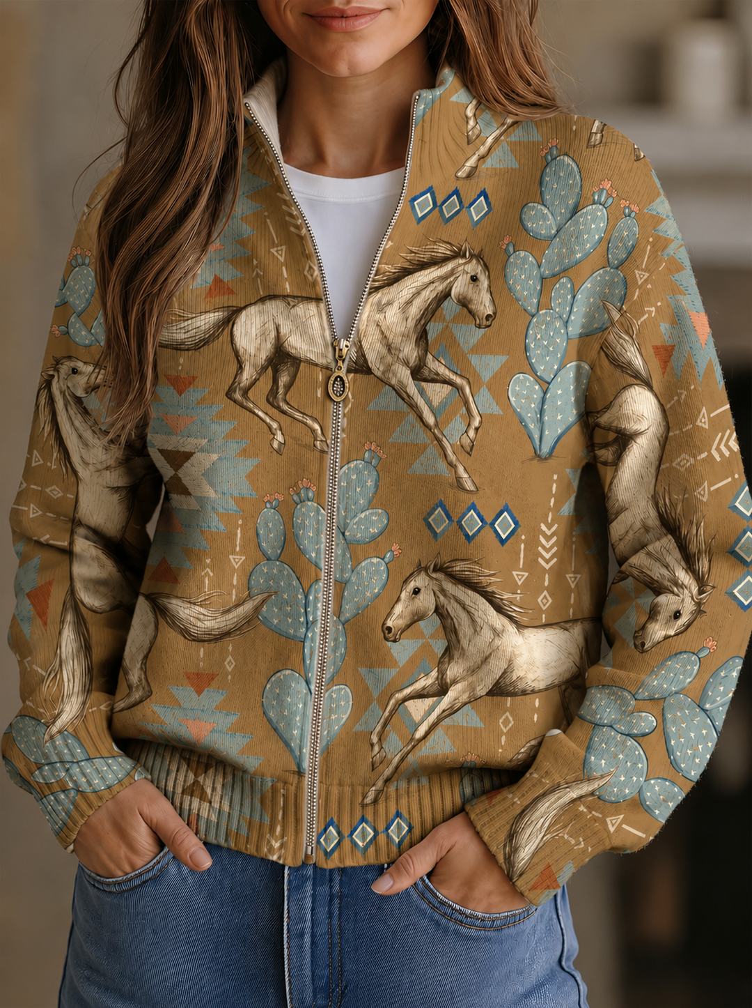 Horse print zip cardigan, tan with light-blue cacti and white horses