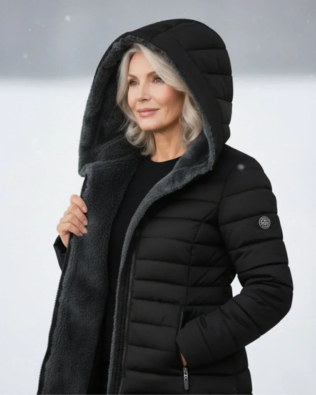 Black hooded padded puffer jacket with sherpa lining and round logo patch
