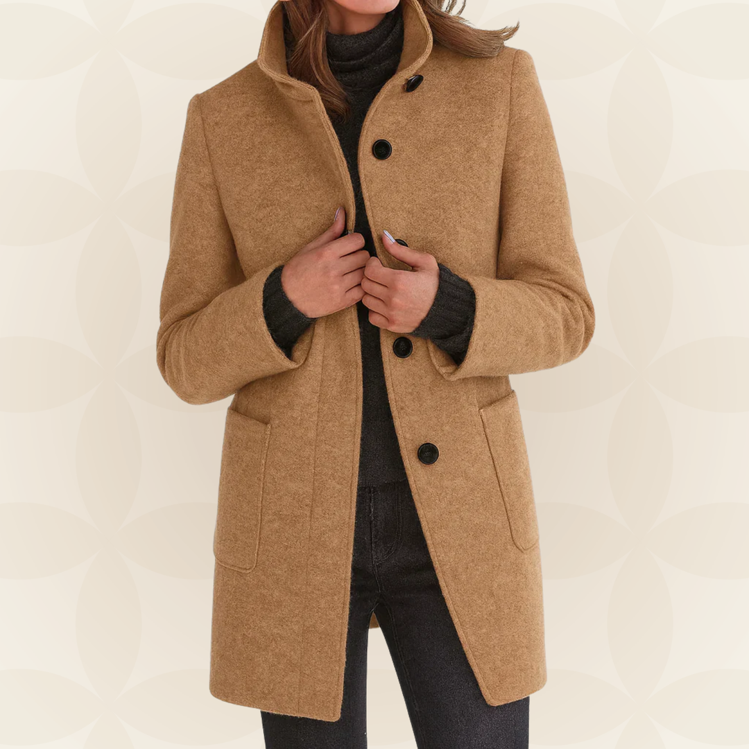 Women’s tan wool coat with high collar, button front, and side pockets