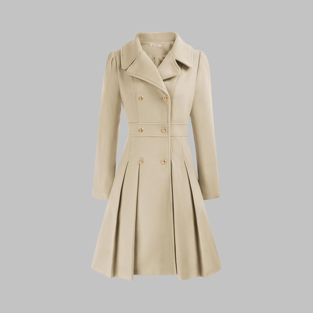 Cream fitted double-breasted coat with notched lapels, gold buttons, pleated skirt