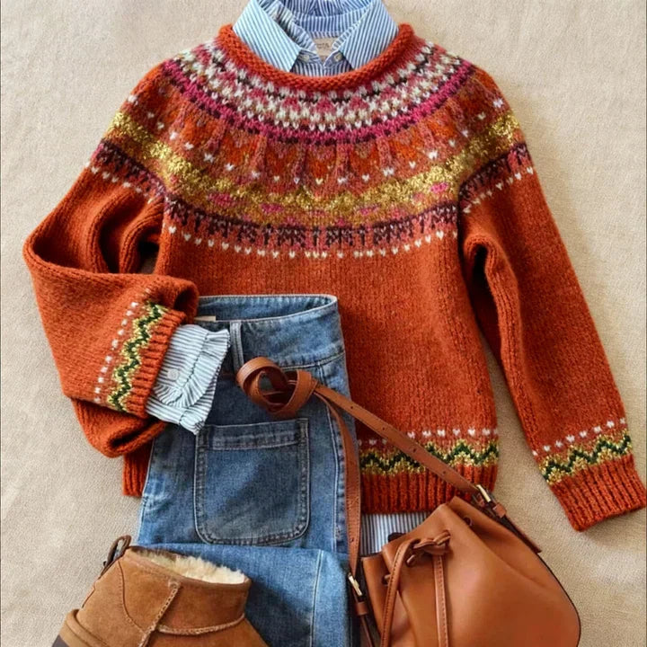 Rust orange fair-isle knit jumper with crew neck and striped yoke pattern