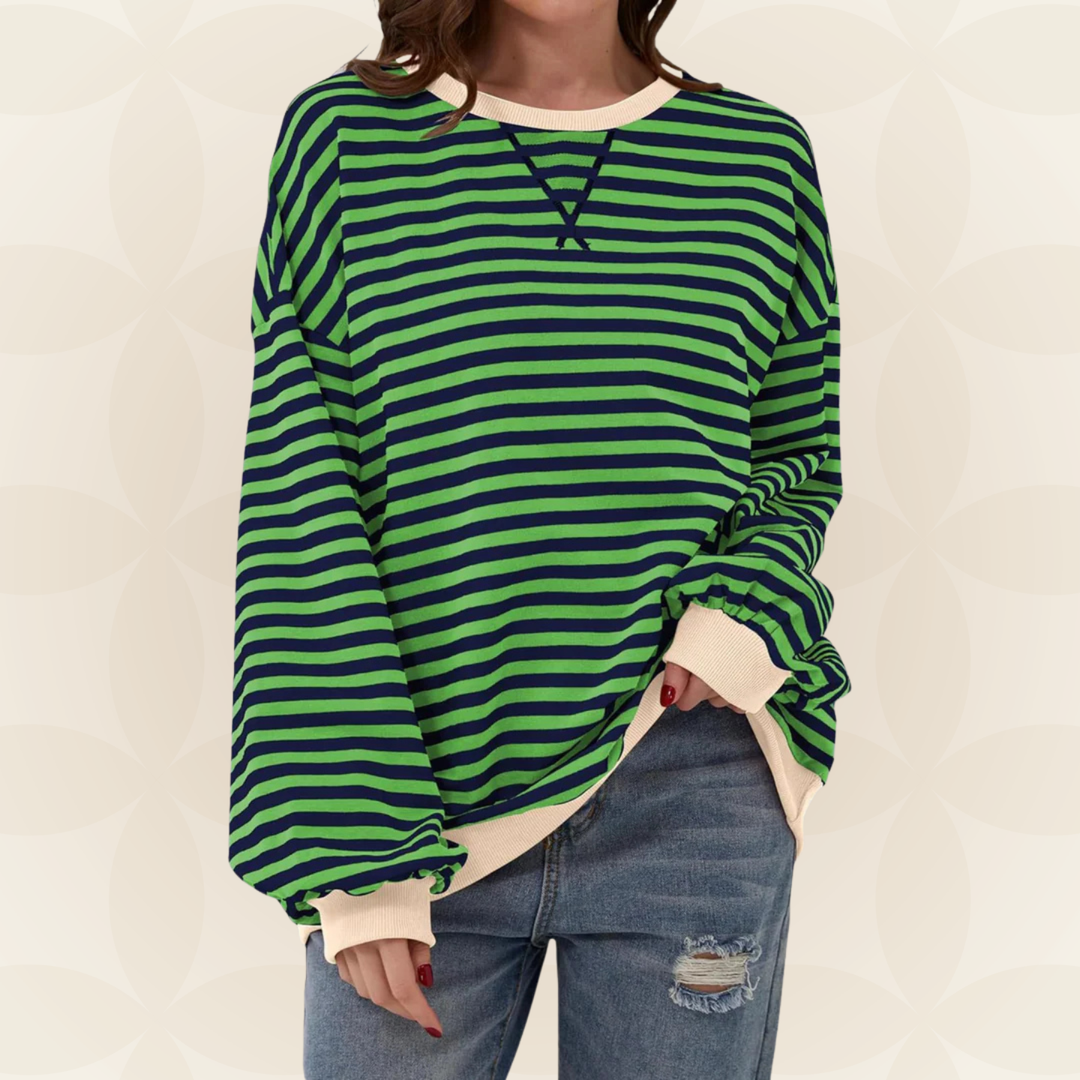 Jasmine™ striped sweater in dark green and white stripes, V-neck, long sleeves, relaxed fit