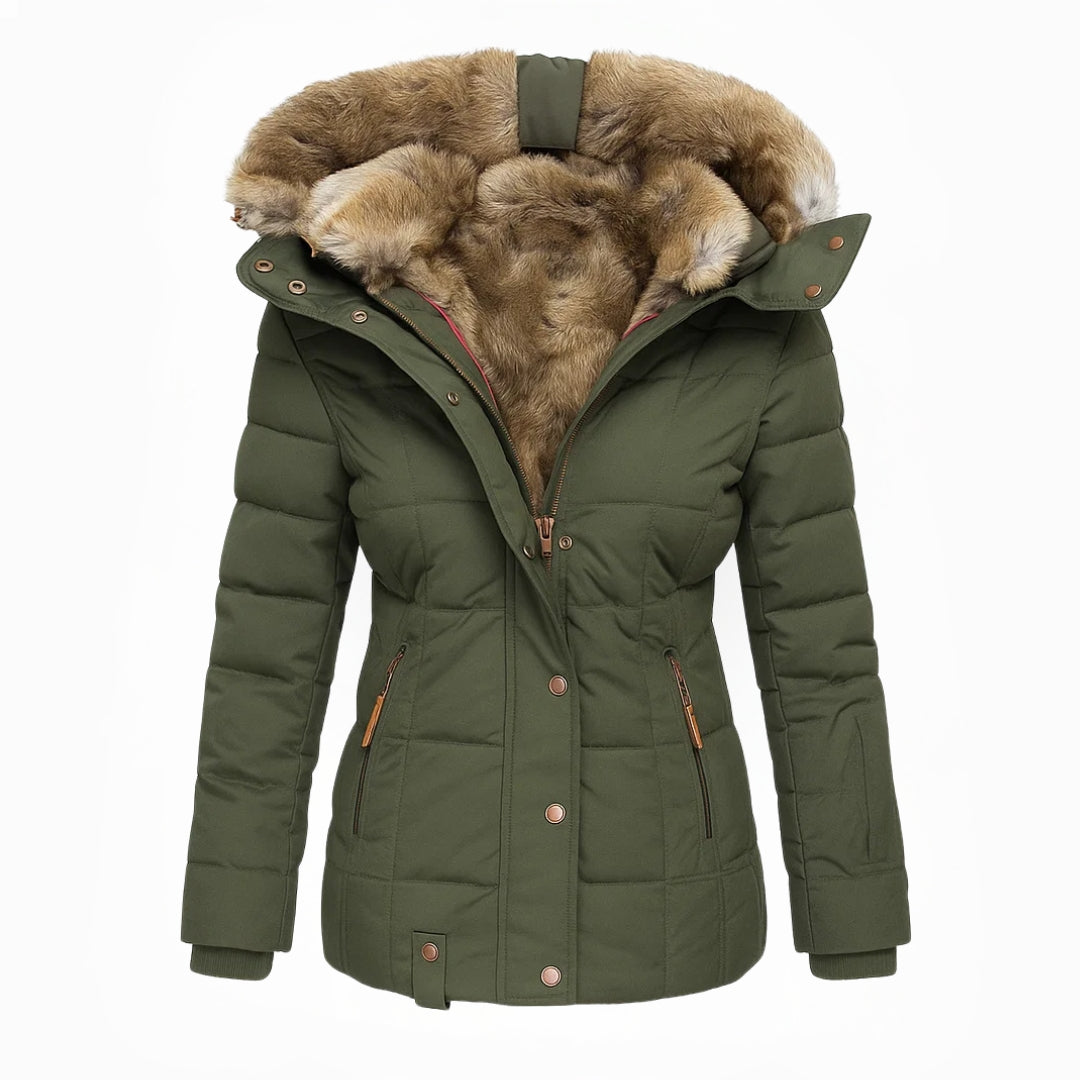 Green quilted winter coat with tan fur-lined hood and button front