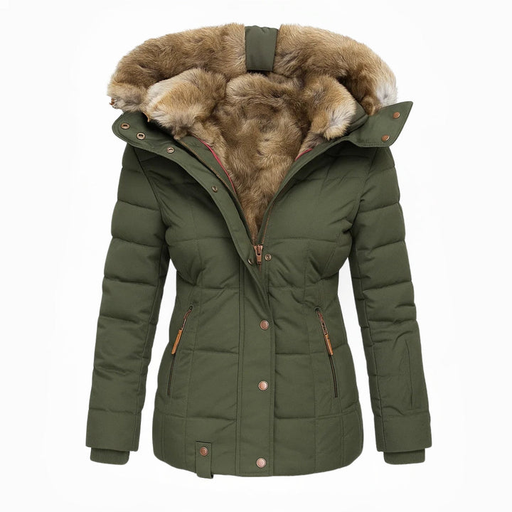 Green quilted winter coat with tan fur-lined hood and button front