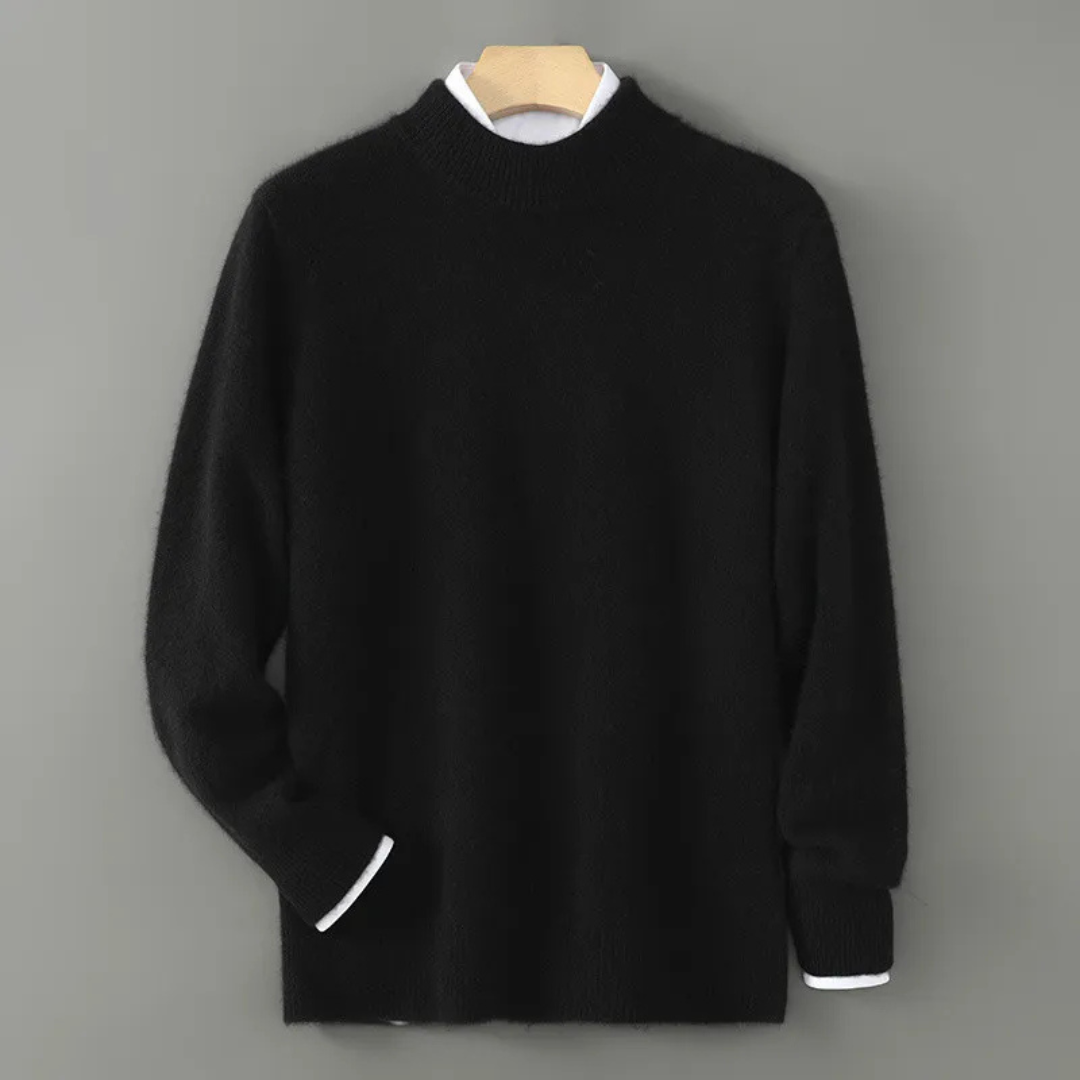 Black cashmere crewneck sweater with ribbed cuffs and neckline