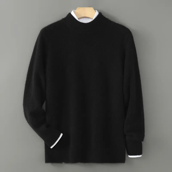 Black cashmere crewneck sweater with ribbed cuffs and neckline
