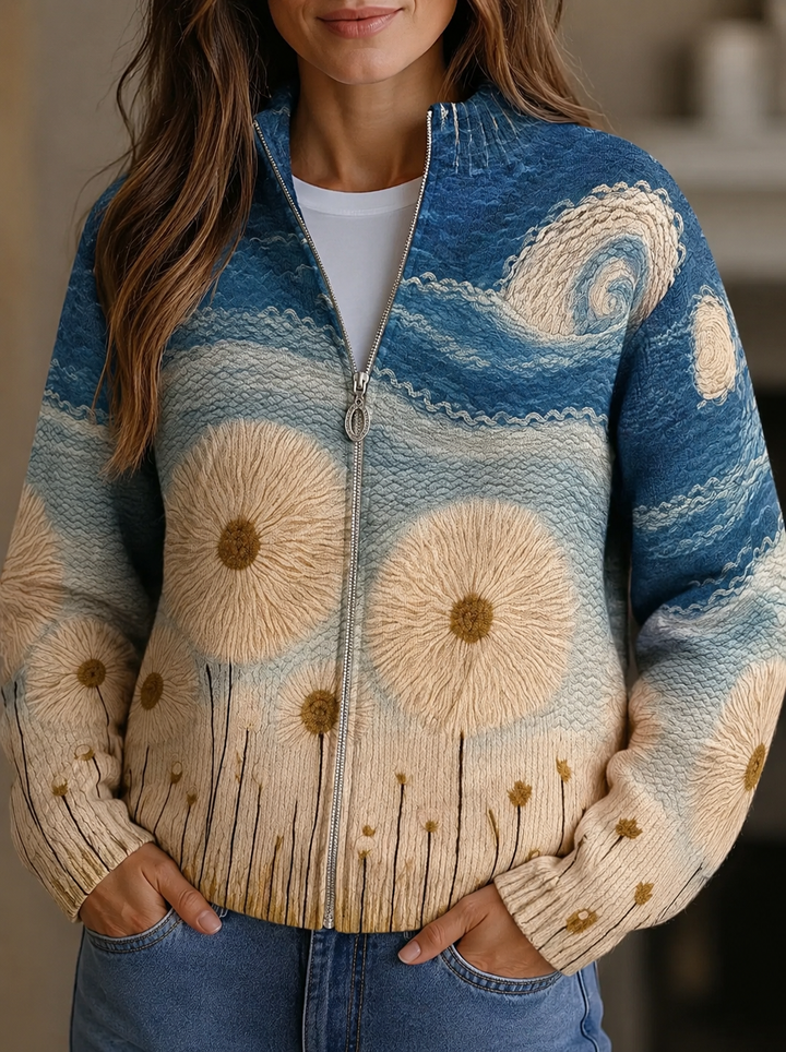 Zayla™ dandelion art zip cardigan in blue and cream with front zipper