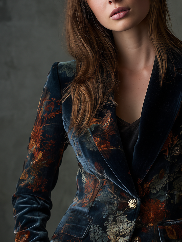 Vintage velvet blazer in dark blue with orange floral print and gold buttons