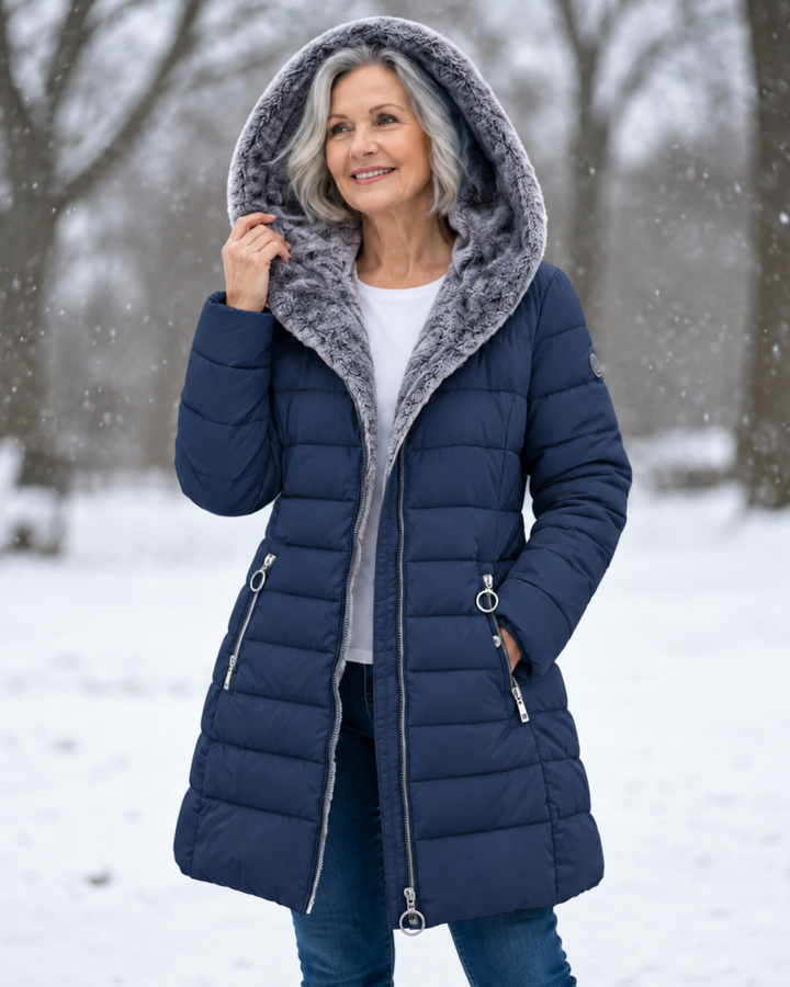 Winter hooded puffer coat, dark navy blue with gray faux-fur trim and front zipper