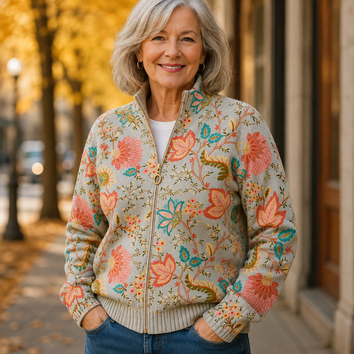 Floral knit zip cardigan with stand collar, long sleeves, multicolor blossom print