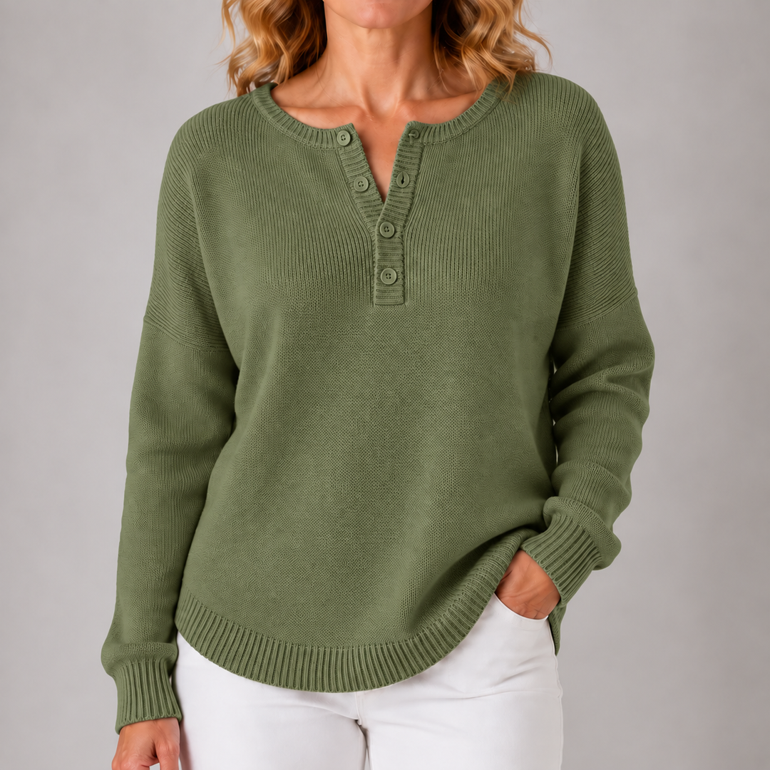 Green classic button knit sweater with henley placket and ribbed cuffs