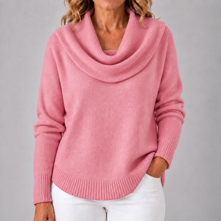 Pink cowl neck knit sweater with draped cowl, long sleeves, ribbed cuffs and hem