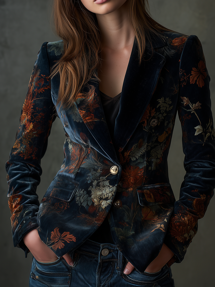 Vintage floral print velvet blazer with gold metal buttons, dark blue