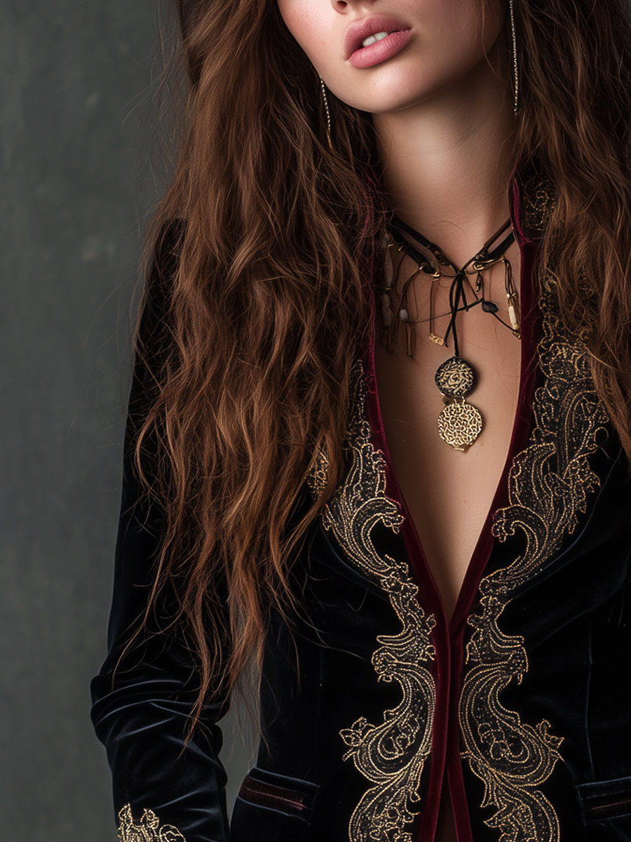 Embroidered velvet blazer with gold baroque V-neck trim and burgundy placket, black