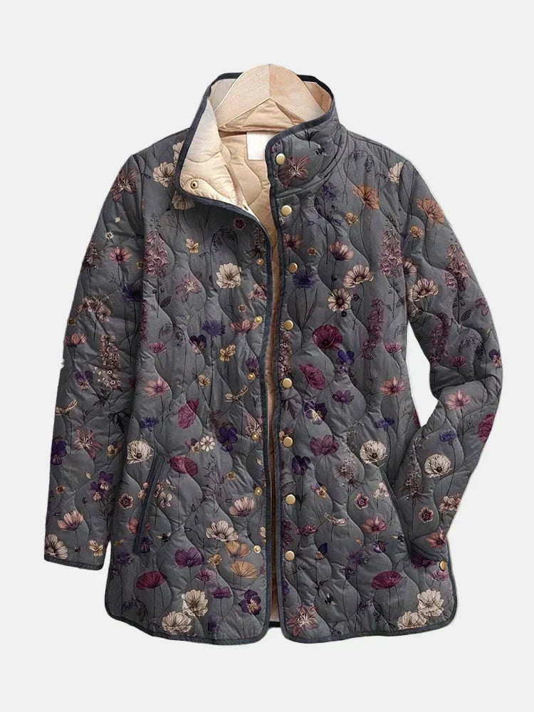 Quilted floral print jacket with standing collar, dark gray multicolor flowers, gold buttons