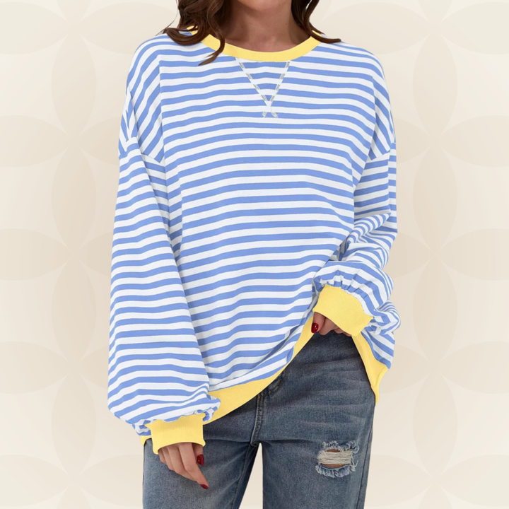 Jasmine™ striped sweater in light blue and white stripes, V-neck, long sleeves, relaxed fit
