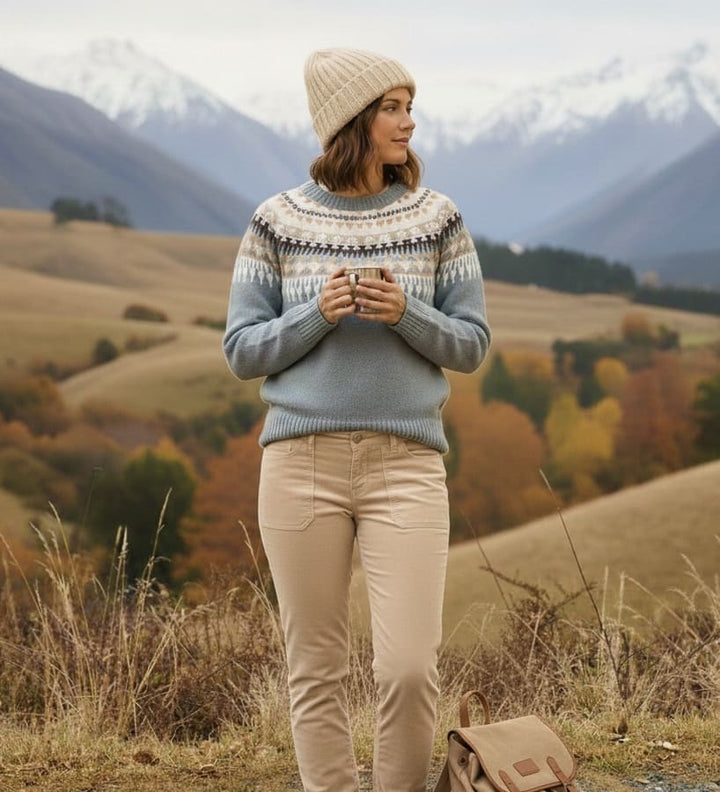 Light blue Fair Isle knit sweater with crew neck and long sleeves