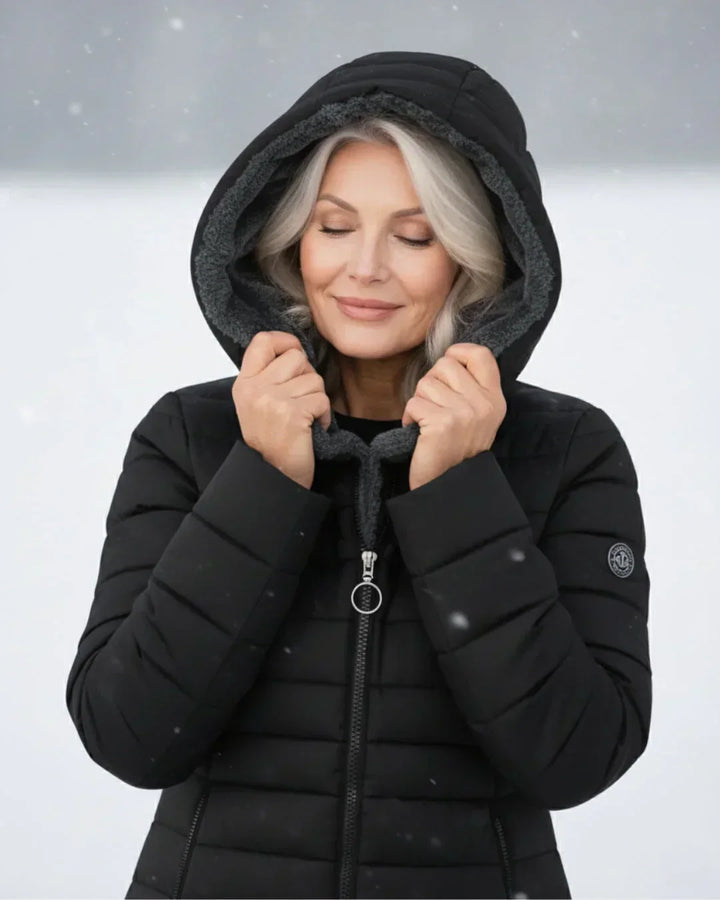 Black hooded padded jacket with front zipper and plush sherpa hood lining