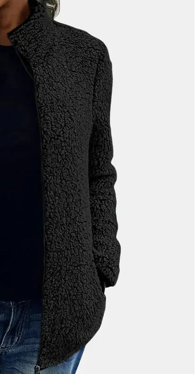 Black teddy jacket with stand collar and full front zipper, long sleeves