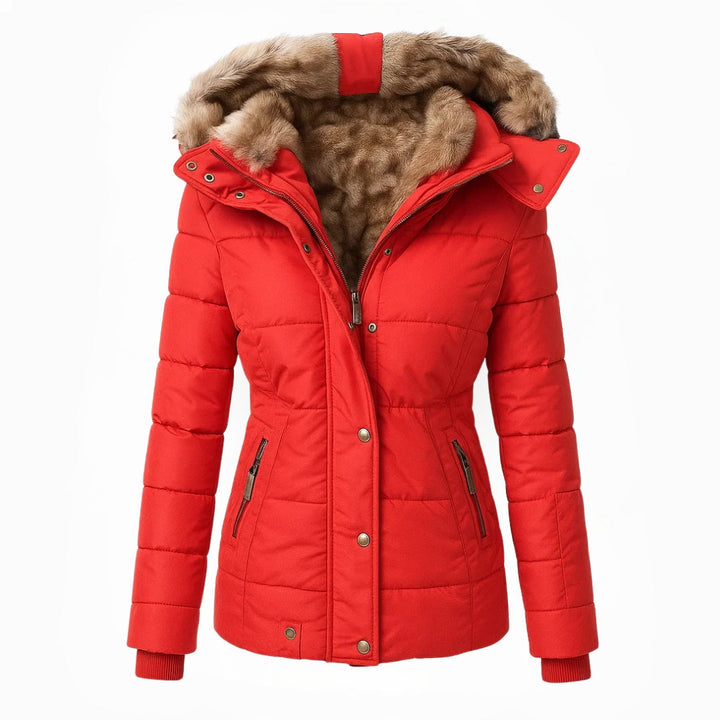 Red quilted winter coat with tan fur-lined hood and button front