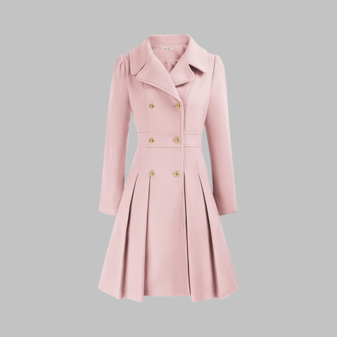 Blush pink fitted double-breasted coat with notched lapels, gold buttons, pleated skirt