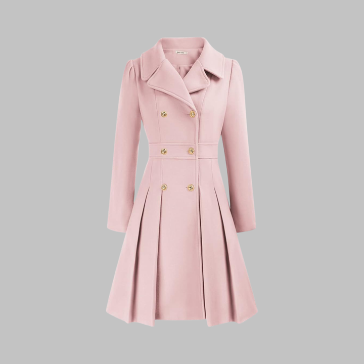 Blush pink fitted double-breasted coat with notched lapels, gold buttons, pleated skirt