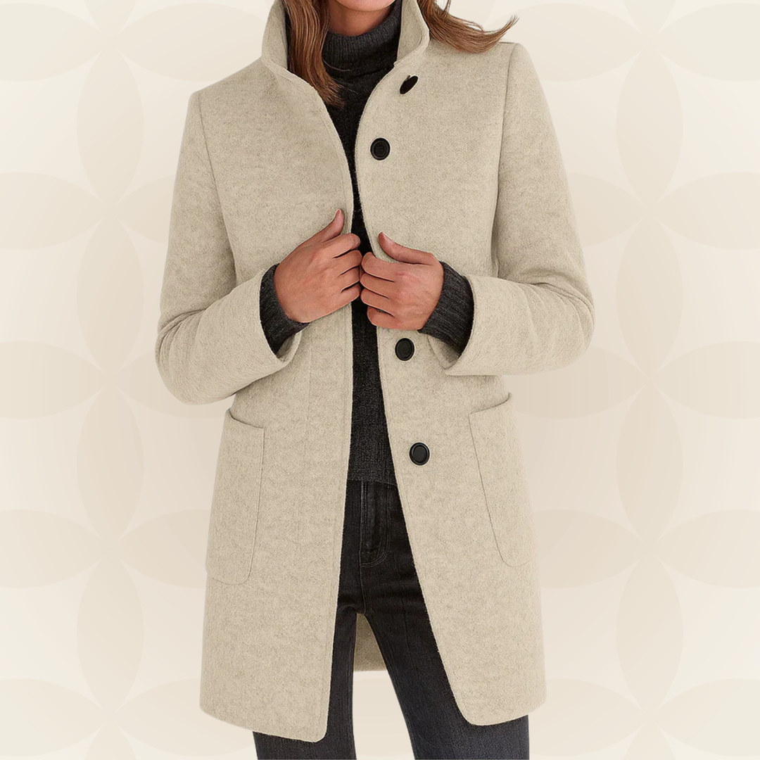 Women’s light gray wool coat with high collar, button front, and side pockets