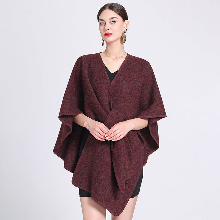 Wine red fleece cape shawl with V-neck and tied front wrap