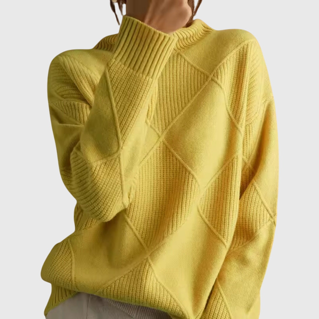 Yellow turtleneck knit jumper with diamond pattern and ribbed cuffs