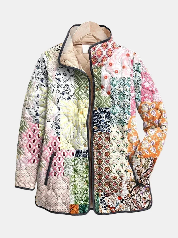 Multicolour floral quilted jacket with hood and button front, patchwork